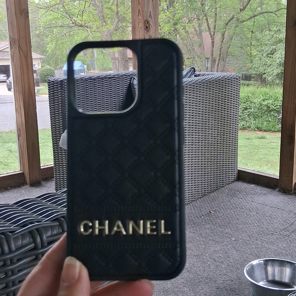 CHANEL Black Quilted Phone Case with Gold Logo(Iphone15) (And I phone 15 Pro)